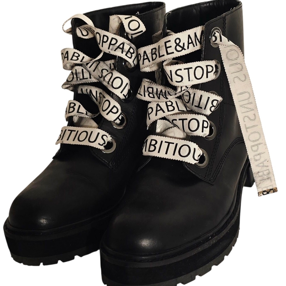 Zara Black Platform Lace-Up Boots with Cream Branded Ribbon Laces